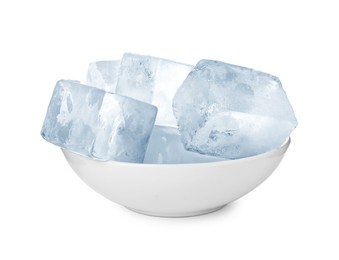 Photo of Bowl of crystal clear ice cubes isolated on white