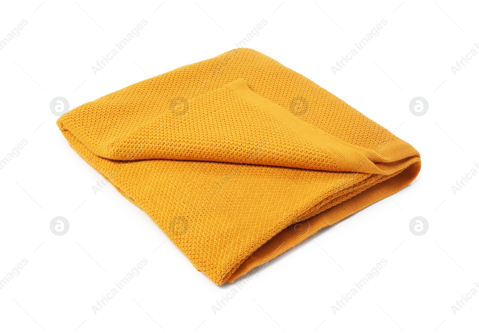 Photo of Beautiful yellow knitted blanket isolated on white