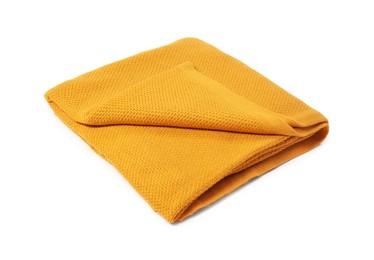 Photo of Beautiful yellow knitted blanket isolated on white