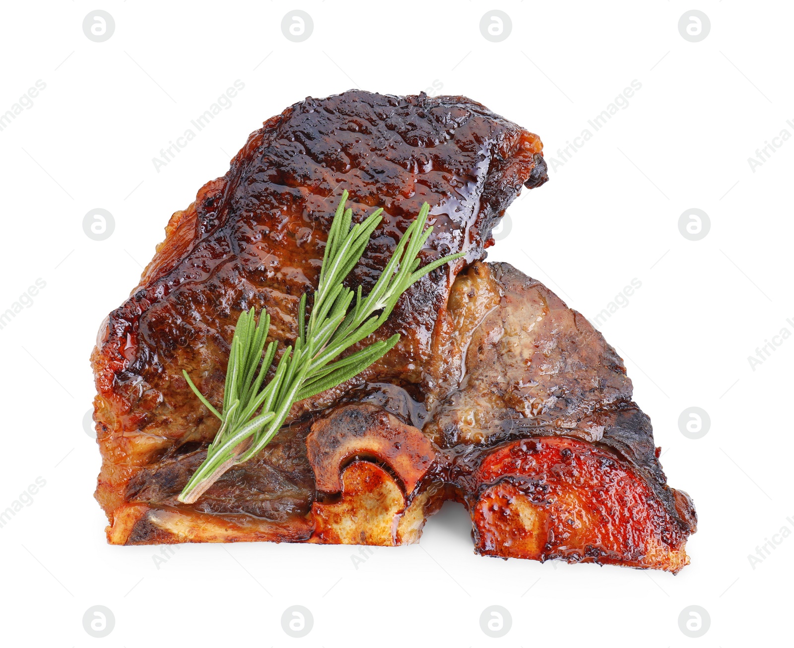 Photo of Piece of delicious grilled beef meat and rosemary isolated on white, top view