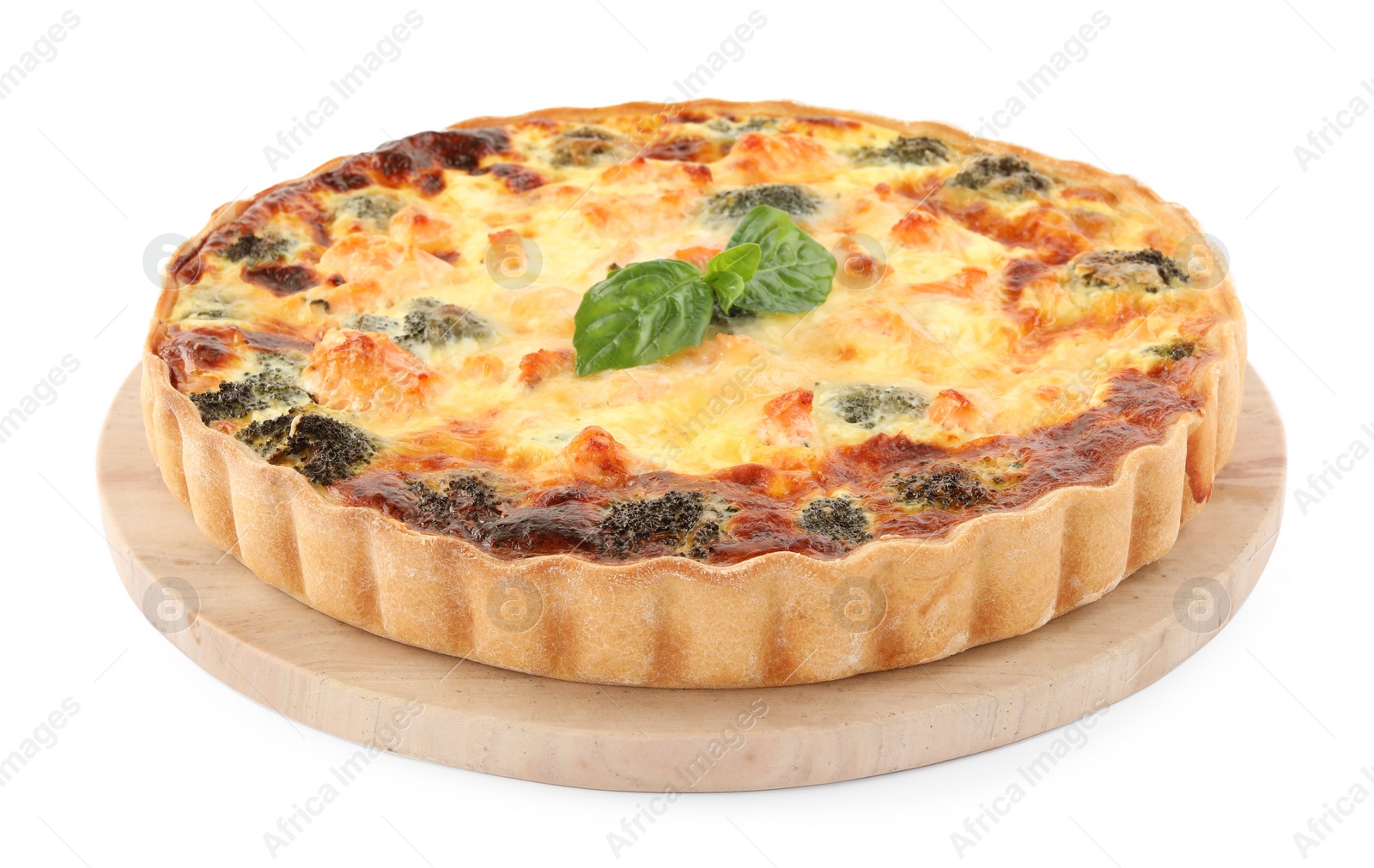 Photo of Delicious homemade quiche with salmon and broccoli isolated on white