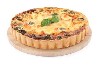 Delicious homemade quiche with salmon and broccoli isolated on white