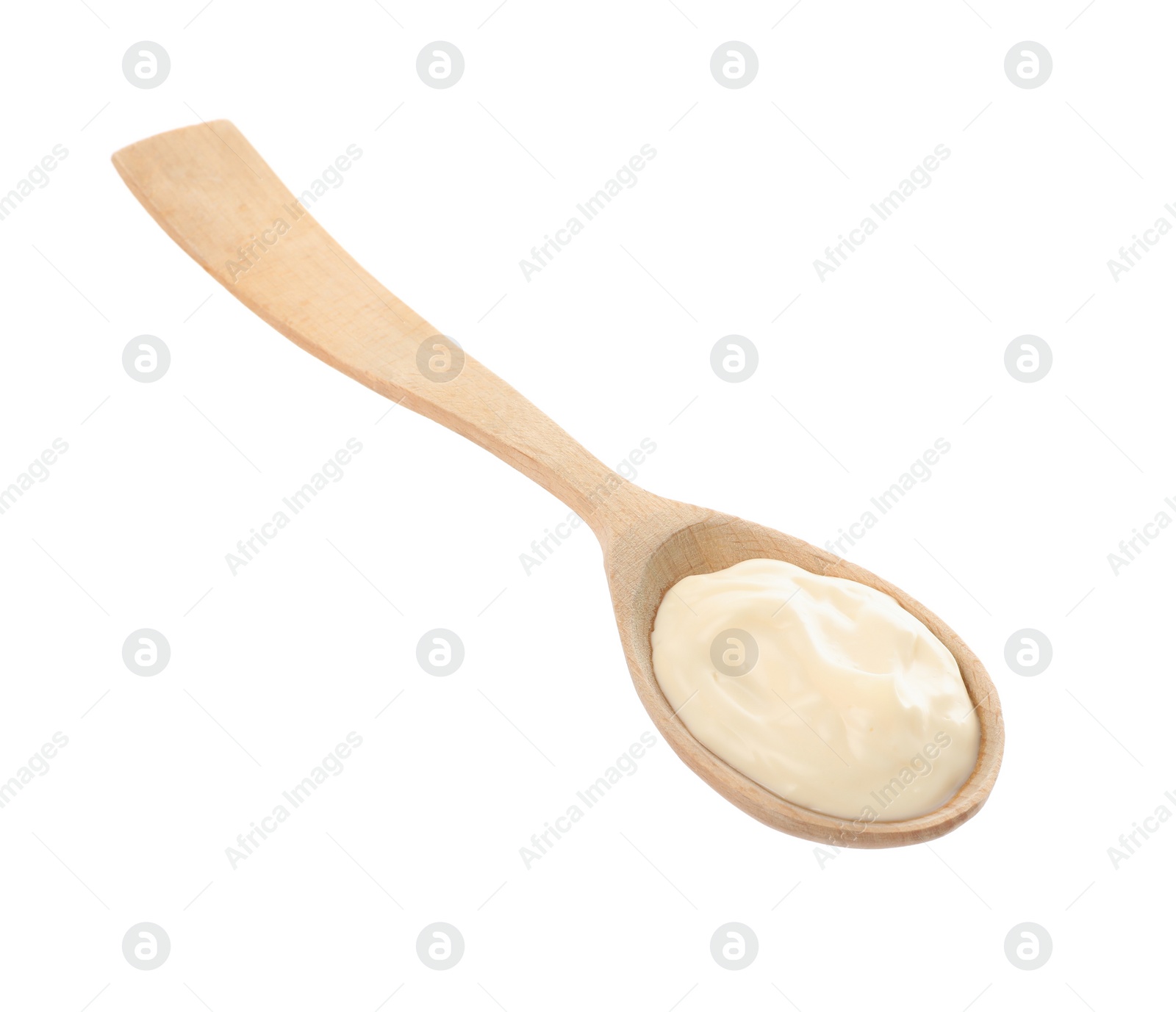 Photo of Wooden spoon with mayonnaise isolated on white