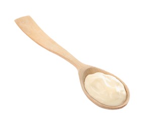 Wooden spoon with mayonnaise isolated on white