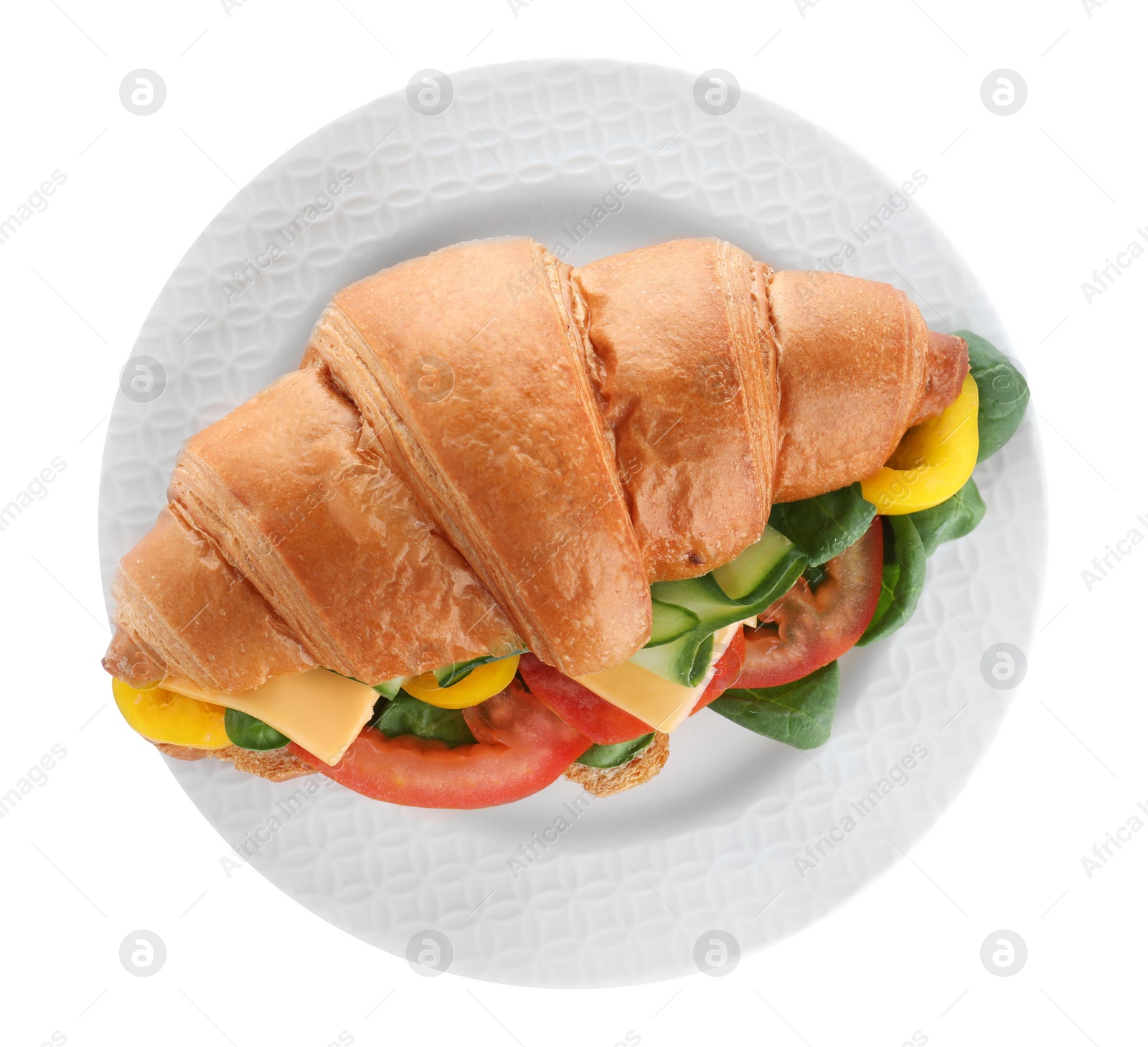 Photo of Plate with tasty vegetarian croissant sandwich isolated on white, top view