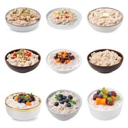 Image of Set of cooked barley groats in bowls on white background