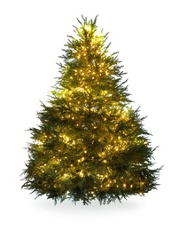 Photo of Beautiful Christmas tree with festive lights isolated on white