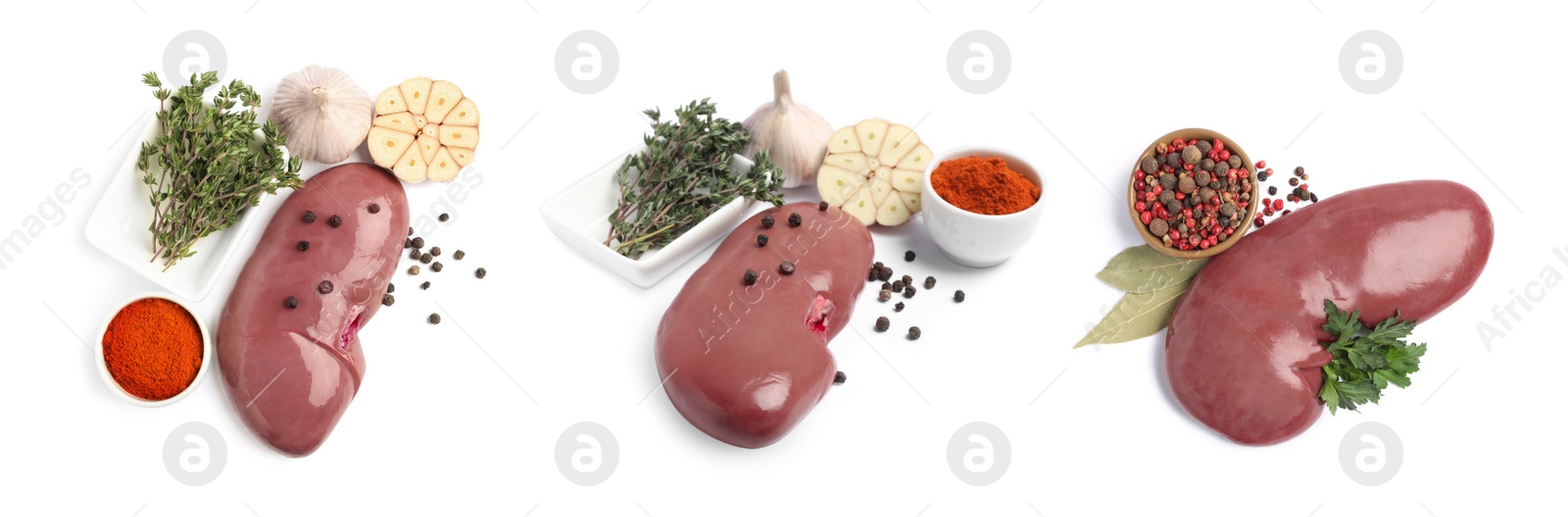 Image of Set with fresh raw kidneys on white background. Banner design