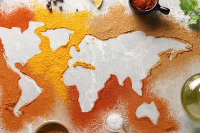 Photo of Continents of different spices and products on light grey marble table, flat lay