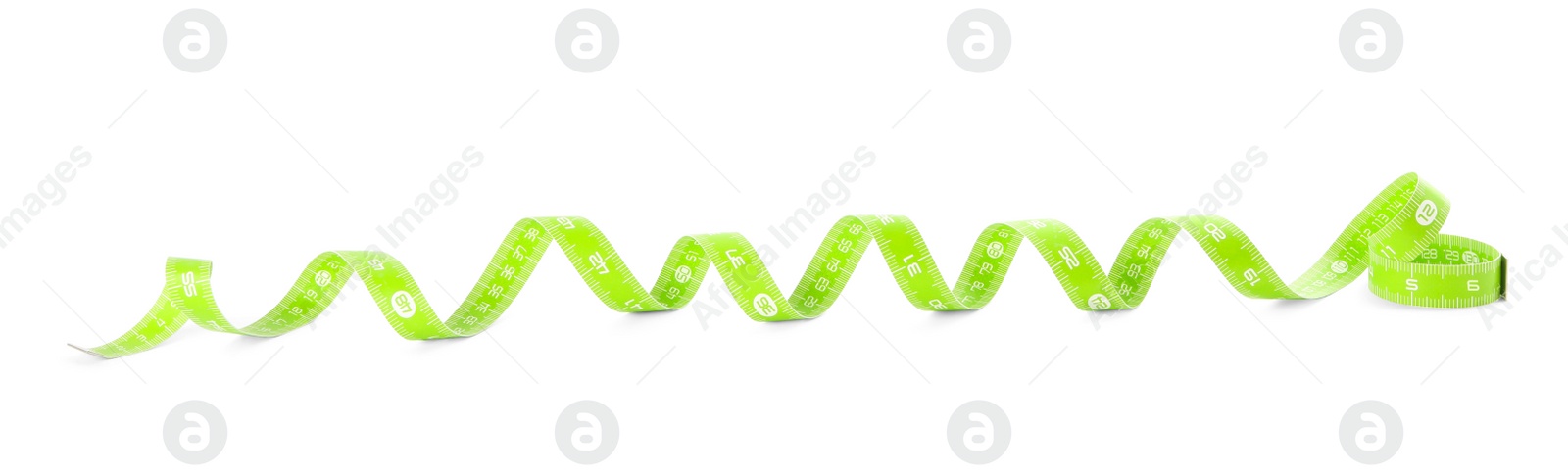 Photo of New green measuring tape isolated on white