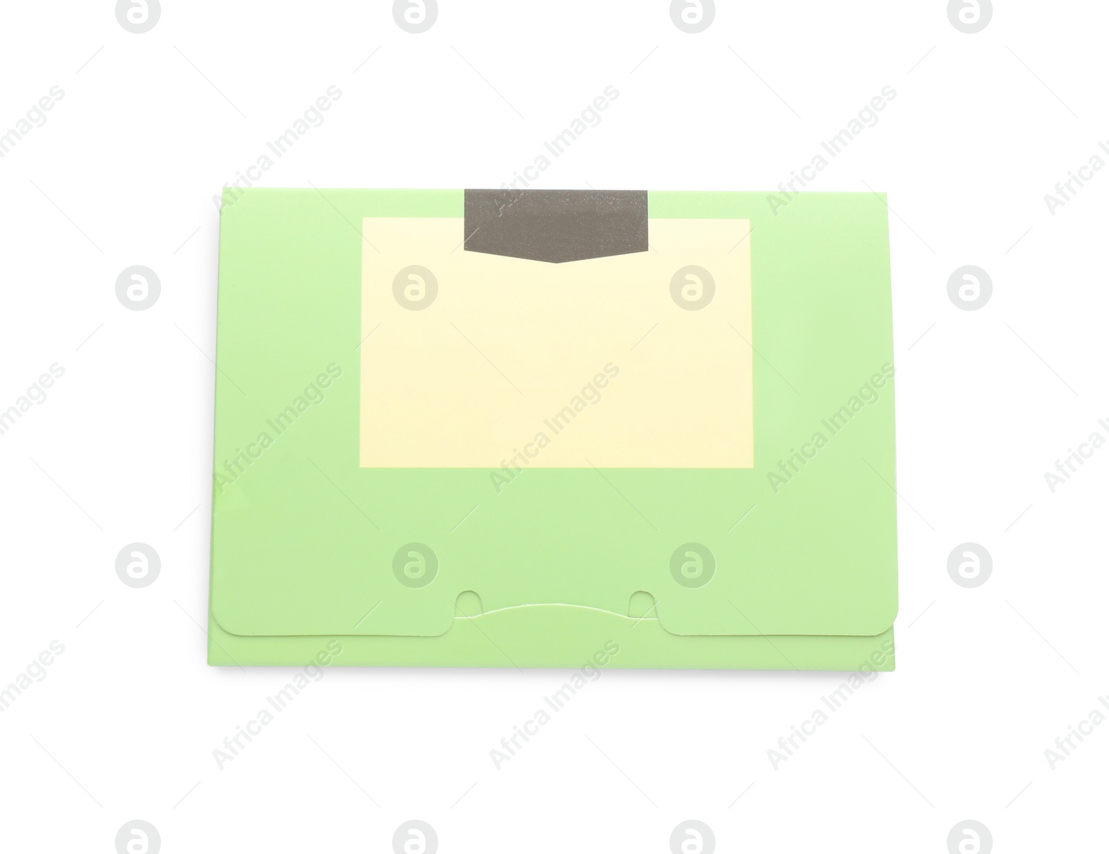 Photo of Package of facial oil blotting tissues isolated on white, top view. Mattifying wipes