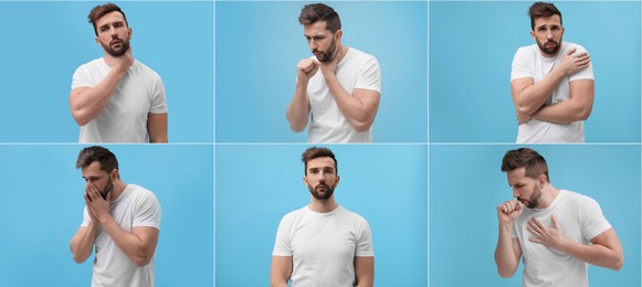 Image of Collage with photos of man with cold symptoms on turquoise background. Banner design