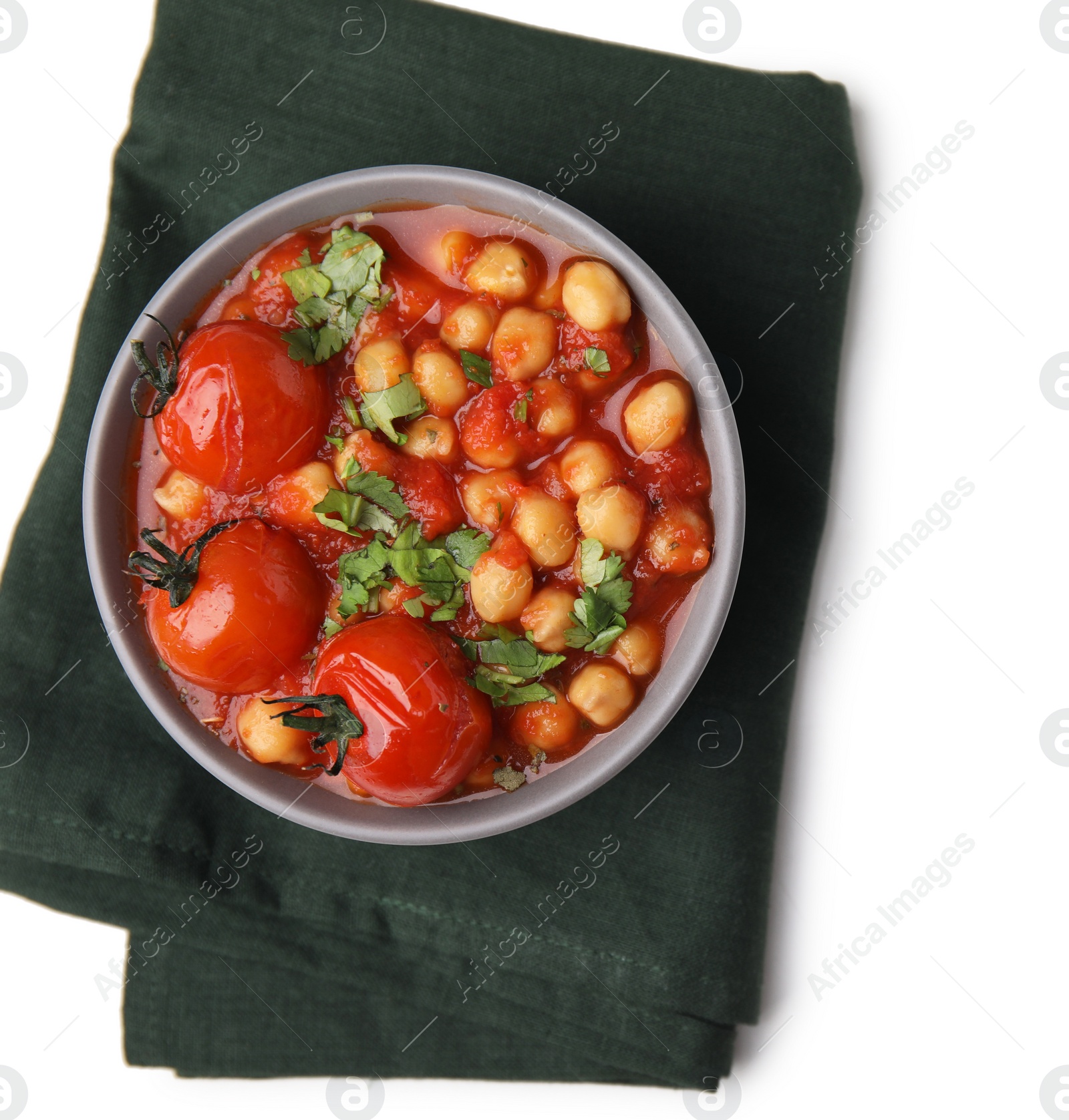 Photo of Delicious chickpea curry in bowl on white background, top view