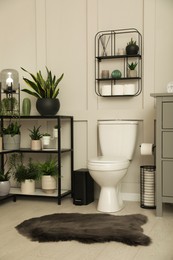 Stylish bathroom interior with toilet bowl and many beautiful houseplants