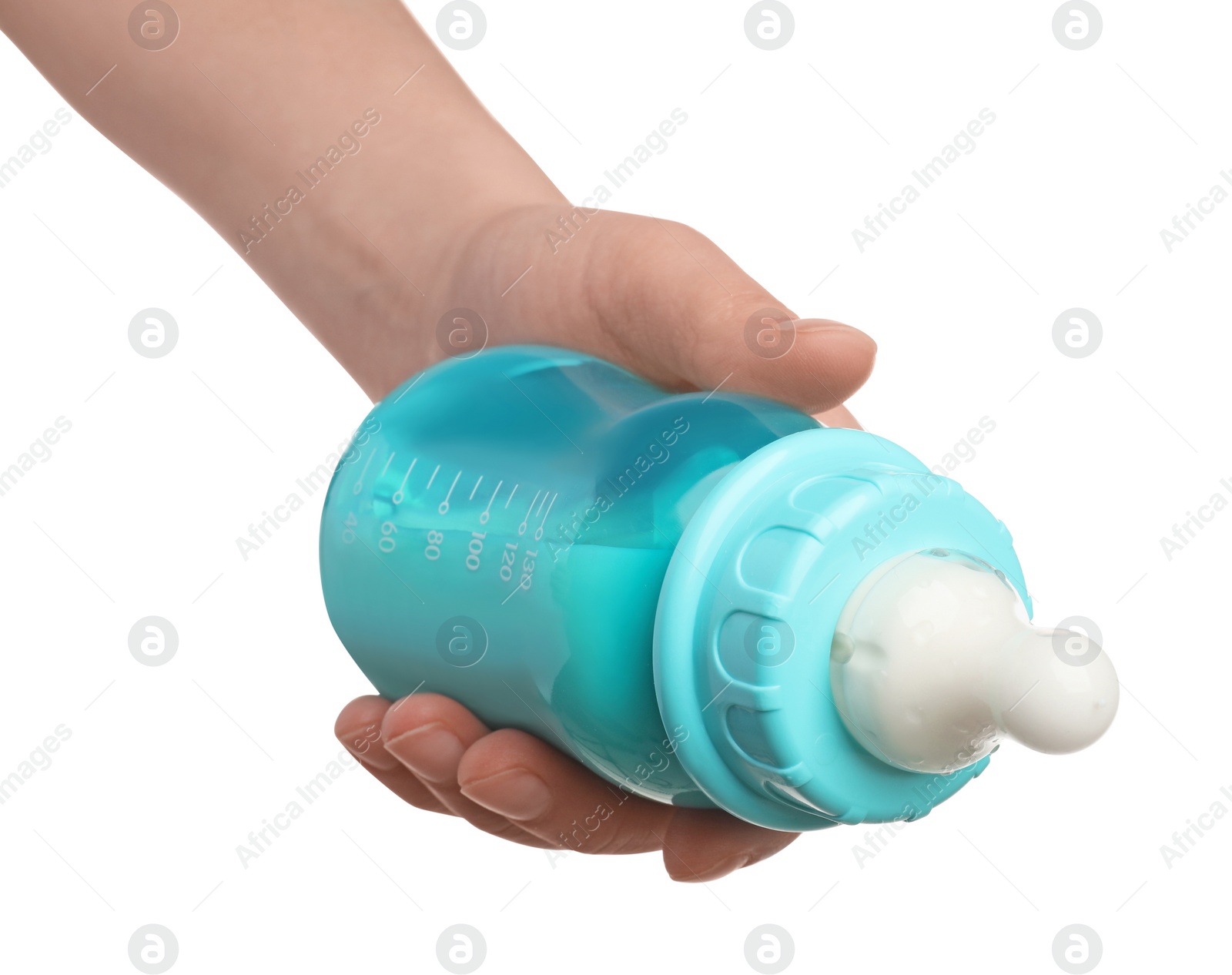 Photo of Woman holding feeding bottle with infant formula on white background, closeup