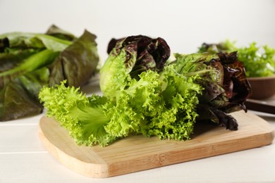 Photo of Different sorts of lettuce on white wooden table