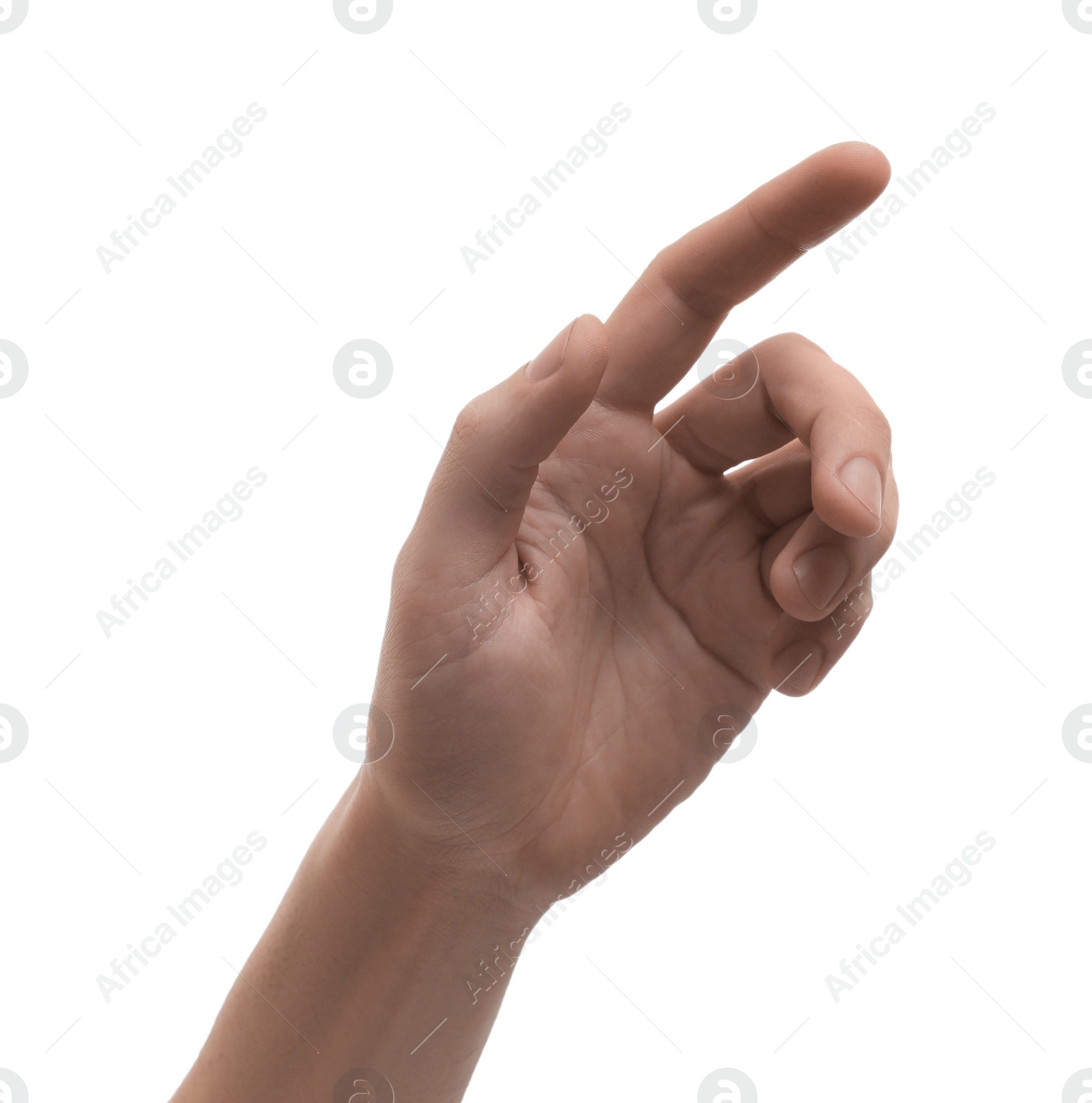 Photo of Man pointing at something on white background, closeup