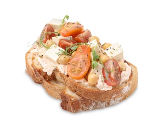 Tasty vegan sandwich with tomatoes, tofu and chickpeas isolated on white