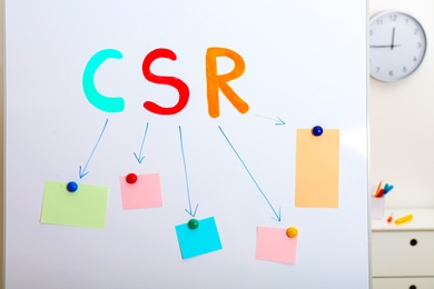 Photo of Scheme with abbreviation CSR and blank paper notes on magnetic whiteboard. Corporate social responsibility