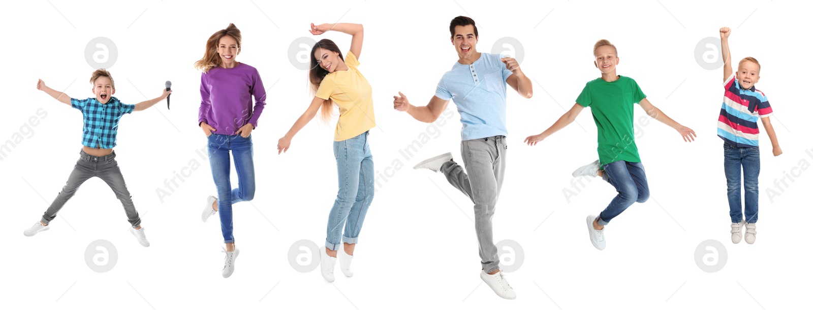 Image of Collage of emotional people jumping on white background. Banner design