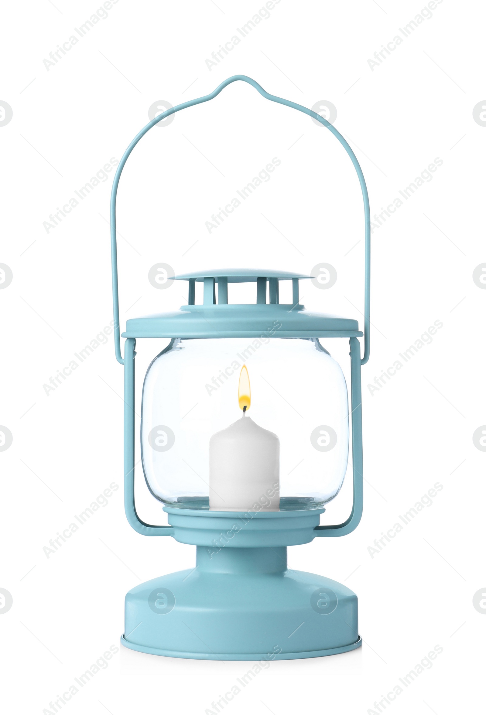 Photo of Portable camping lamp with candle isolated on white. Tourist equipment