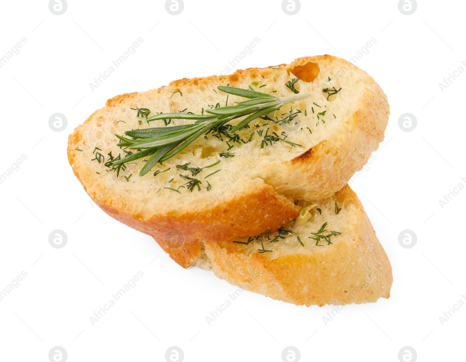 Photo of Pieces of tasty baguette with rosemary and dill isolated on white