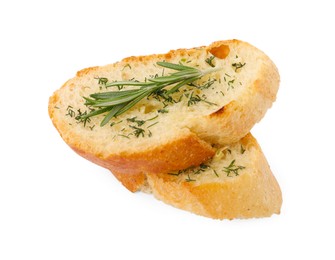 Pieces of tasty baguette with rosemary and dill isolated on white