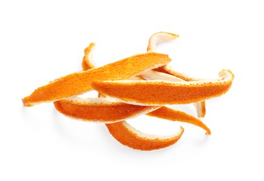 Photo of Pile of dry orange peels on white background, top view