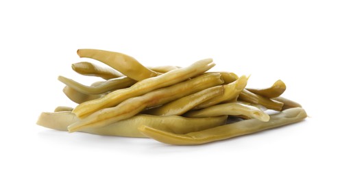 Pile of canned green beans on white background
