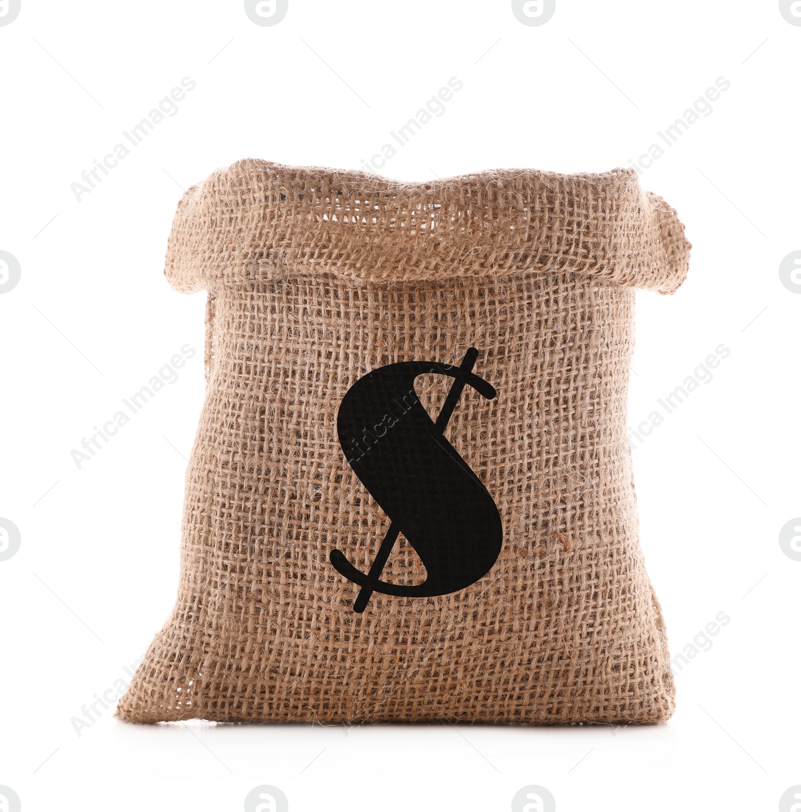 Image of Burlap bag with dollar sign on white background