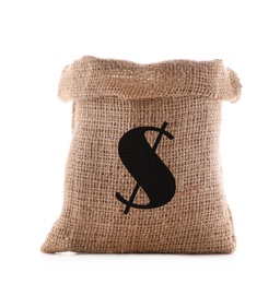 Image of Burlap bag with dollar sign on white background