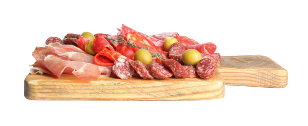 Photo of Wooden board with tasty prosciutto and other delicacies isolated on white