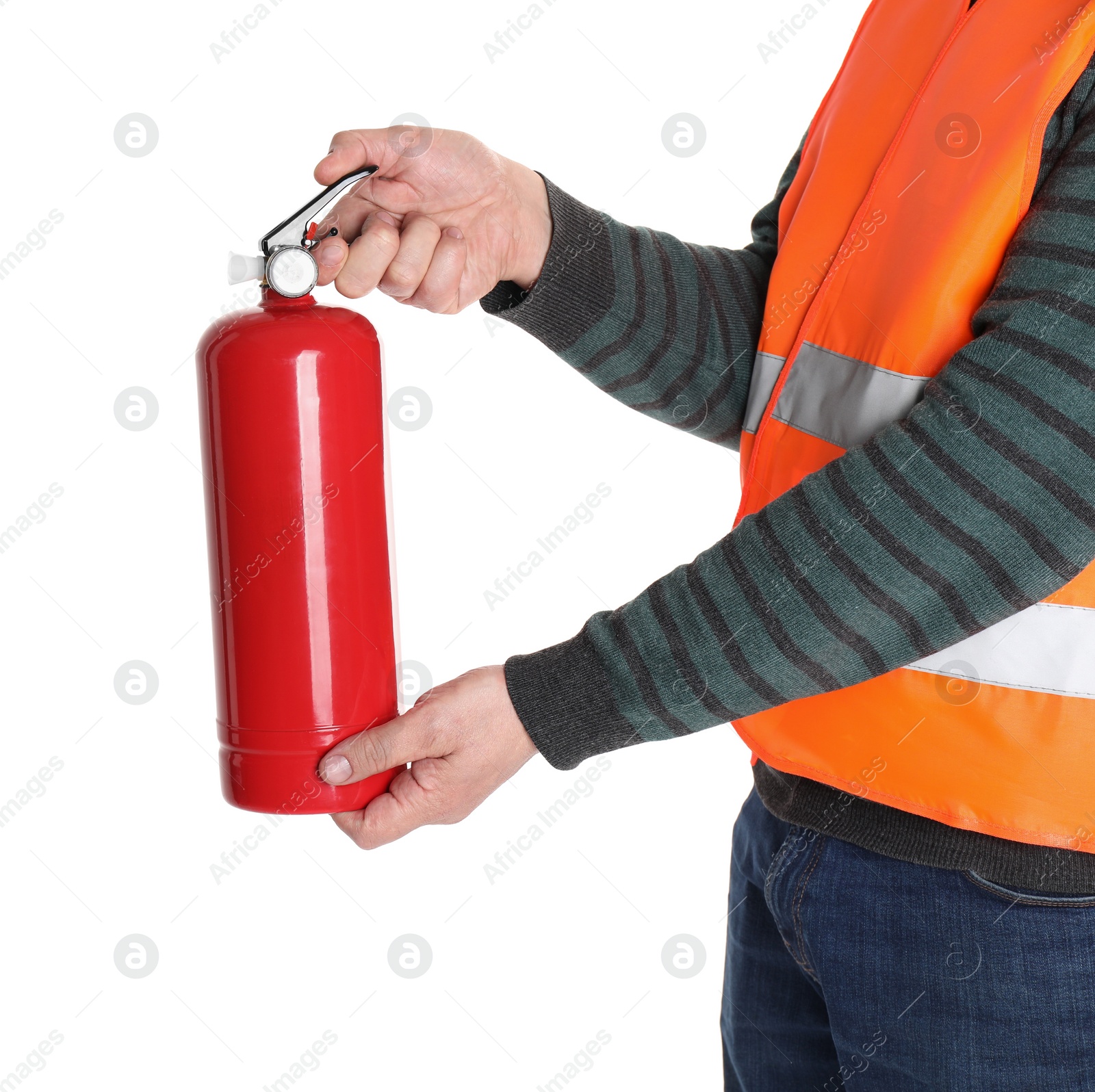 Photo of Man with fire extinguisher on white background, closeup