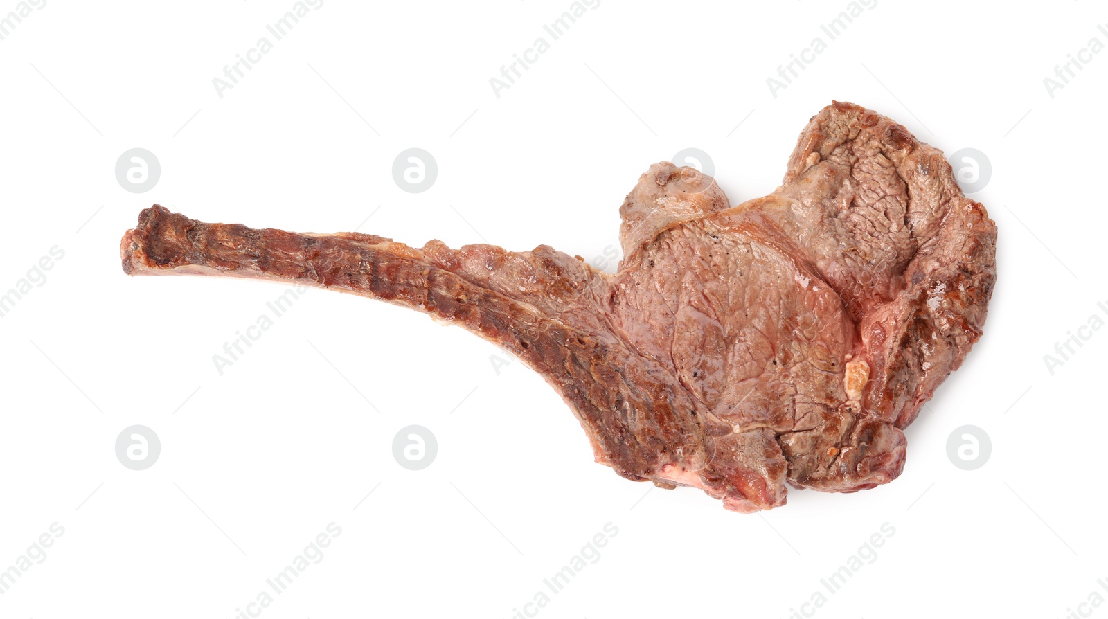 Photo of Delicious fried beef meat isolated on white, top view