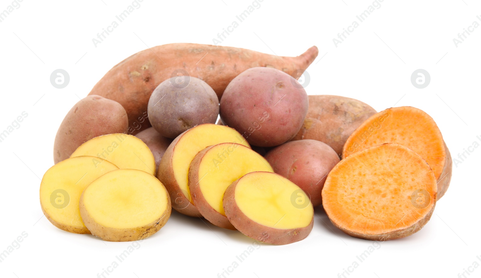 Photo of Different types of fresh potatoes on white background