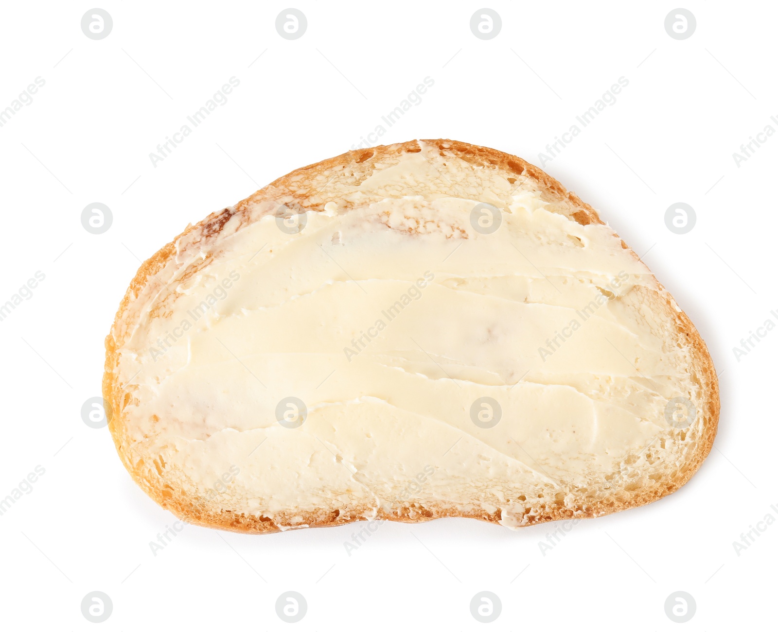 Photo of Slice of bread with butter isolated on white, top view