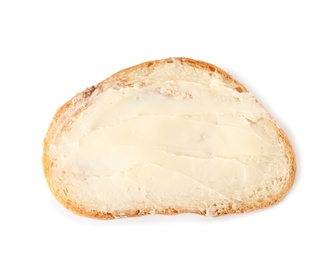 Photo of Slice of bread with butter isolated on white, top view