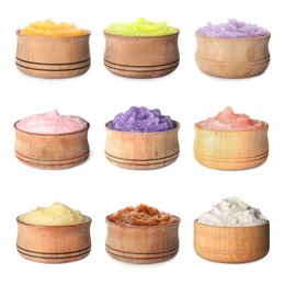 Image of Set with different body scrubs in wooden bowls on white background 