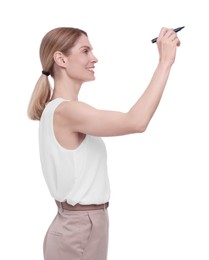 Beautiful happy businesswoman with marker on white background