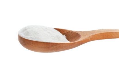 Photo of Spoon with baking soda on white background