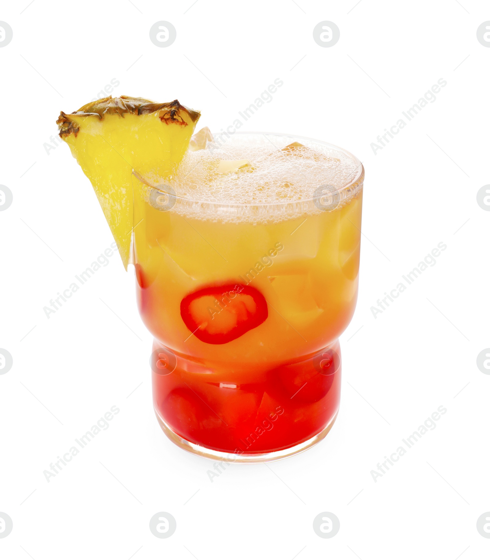 Photo of Spicy pineapple cocktail with chili pepper and ice cubes isolated on white