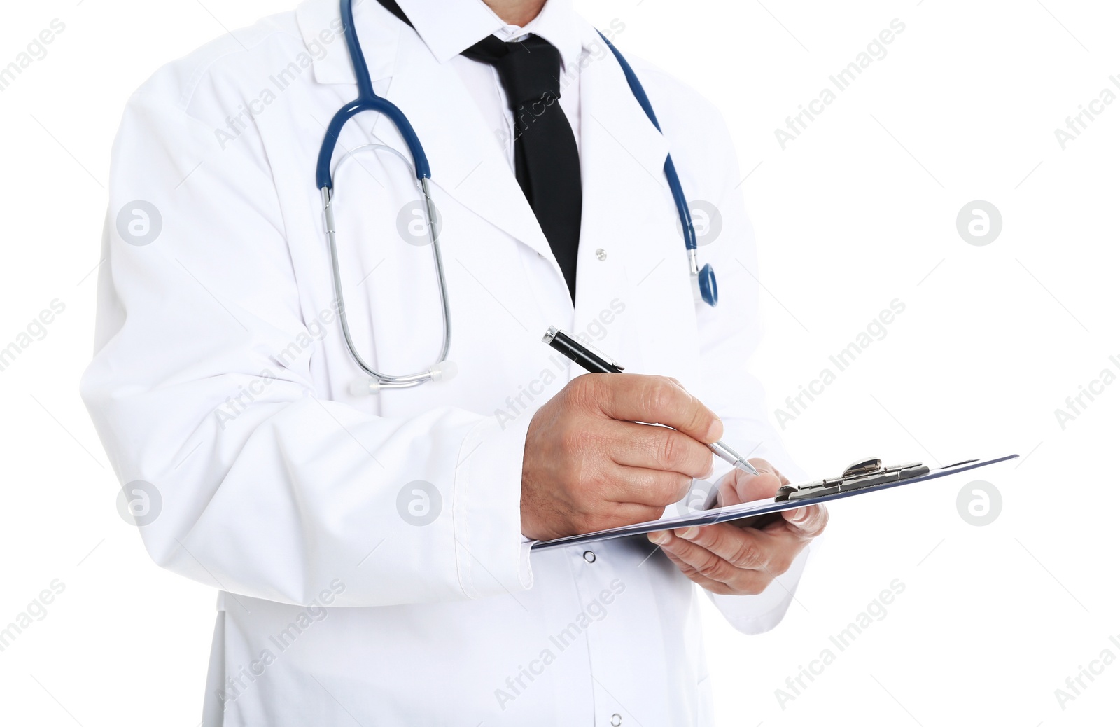 Photo of Doctor with clipboard in uniform on white background, closeup. Medical service