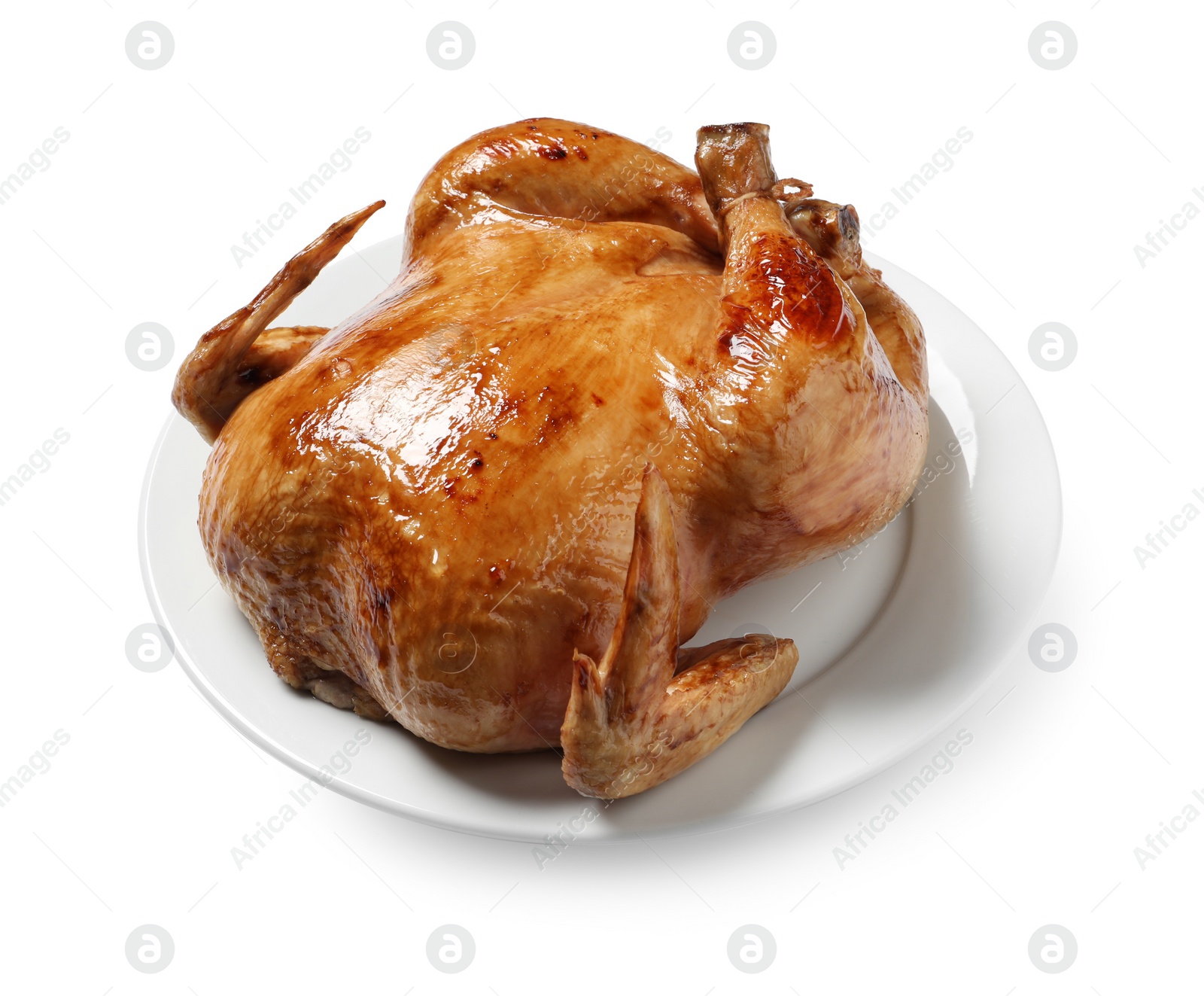 Photo of One tasty roasted chicken isolated on white