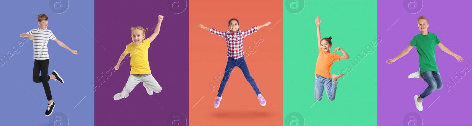 Image of Group of children jumping on color backgrounds, set of photos