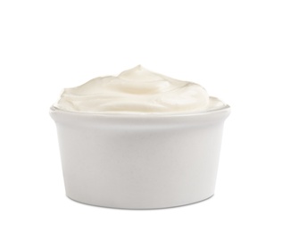 Photo of Ceramic bowl with fresh sour cream isolated on white