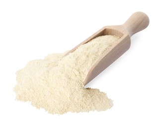 Photo of Wooden scoop with quinoa flour on white background