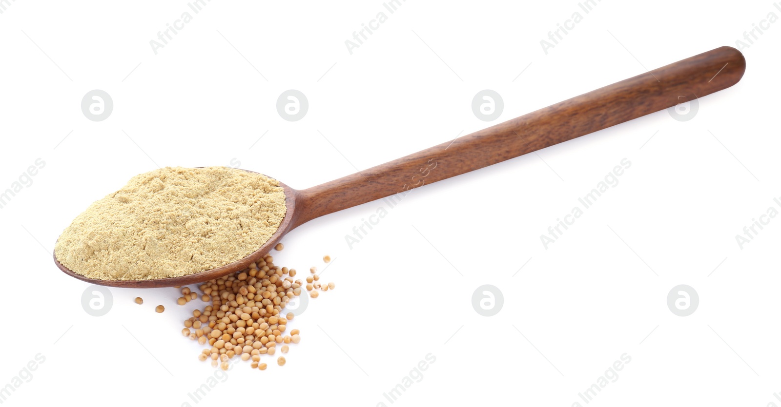 Photo of Wooden spoon with aromatic mustard powder and seeds on white background