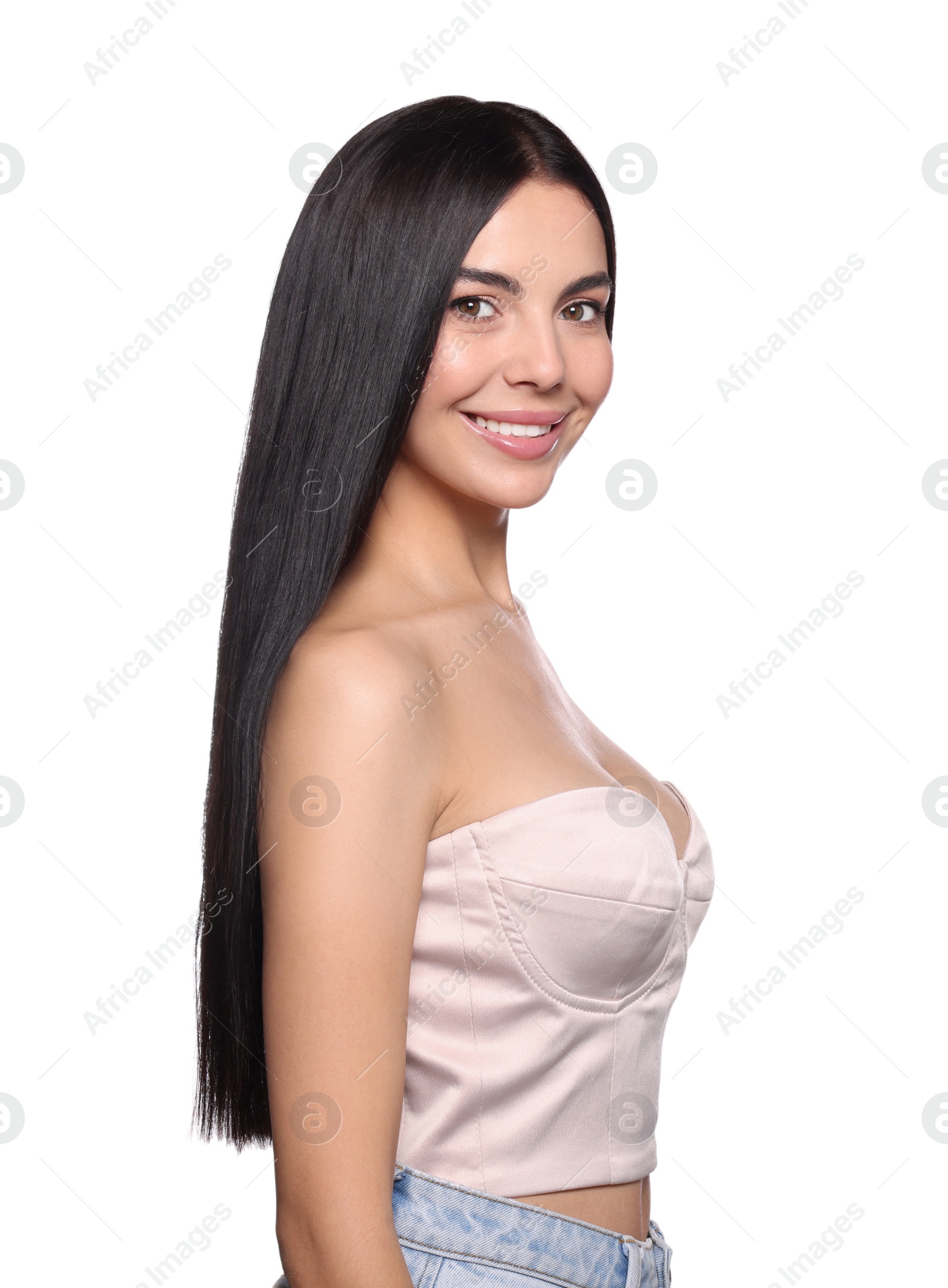 Photo of Portrait of beautiful young woman with healthy strong hair on white background