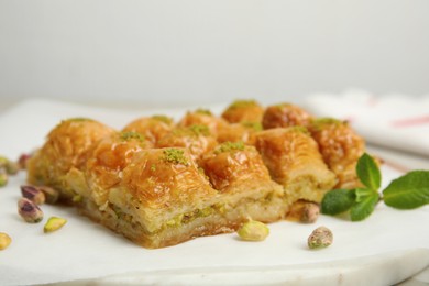 Delicious sweet baklava with pistachios and mint on board, closeup