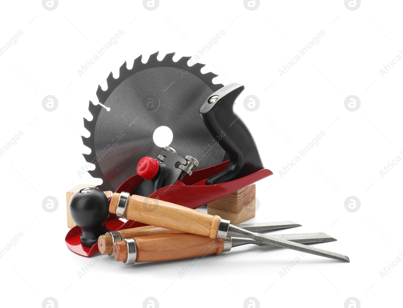 Photo of Set of modern carpenter's tools isolated on white